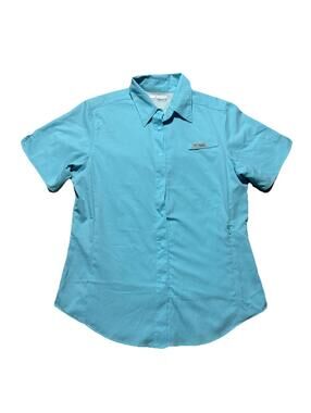 Columbia Women's PFG Snap Omni Shade Short Sleeve Shirt Blue UV protection Small